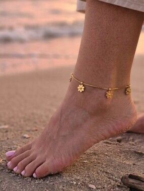 ​Gold Floral Daisy Charm Anklet Stainless Steel Foot Jewelry New